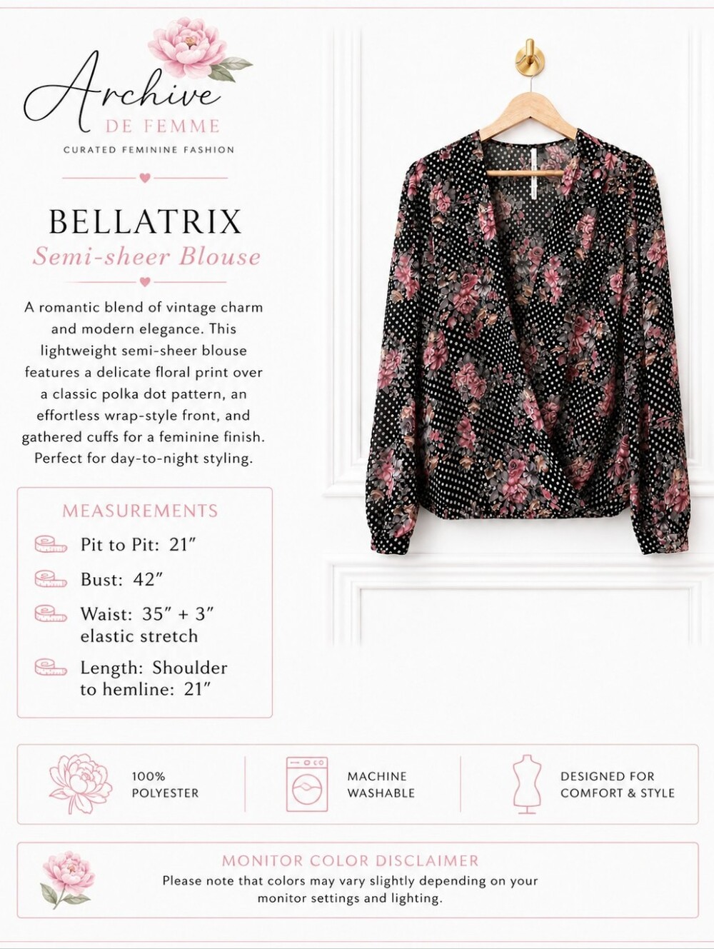 Bellatrix | Romantic Floral Semi-Sheer Wrap Blouse Black Pink | Size Medium - Picture 8 of 11
